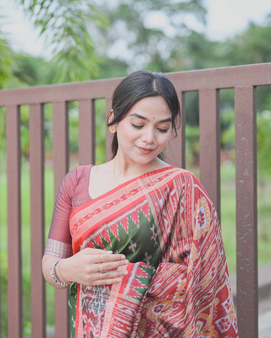 Olive Green Khandua Silk Saree with Ikat Buttis | Atulyakarigari