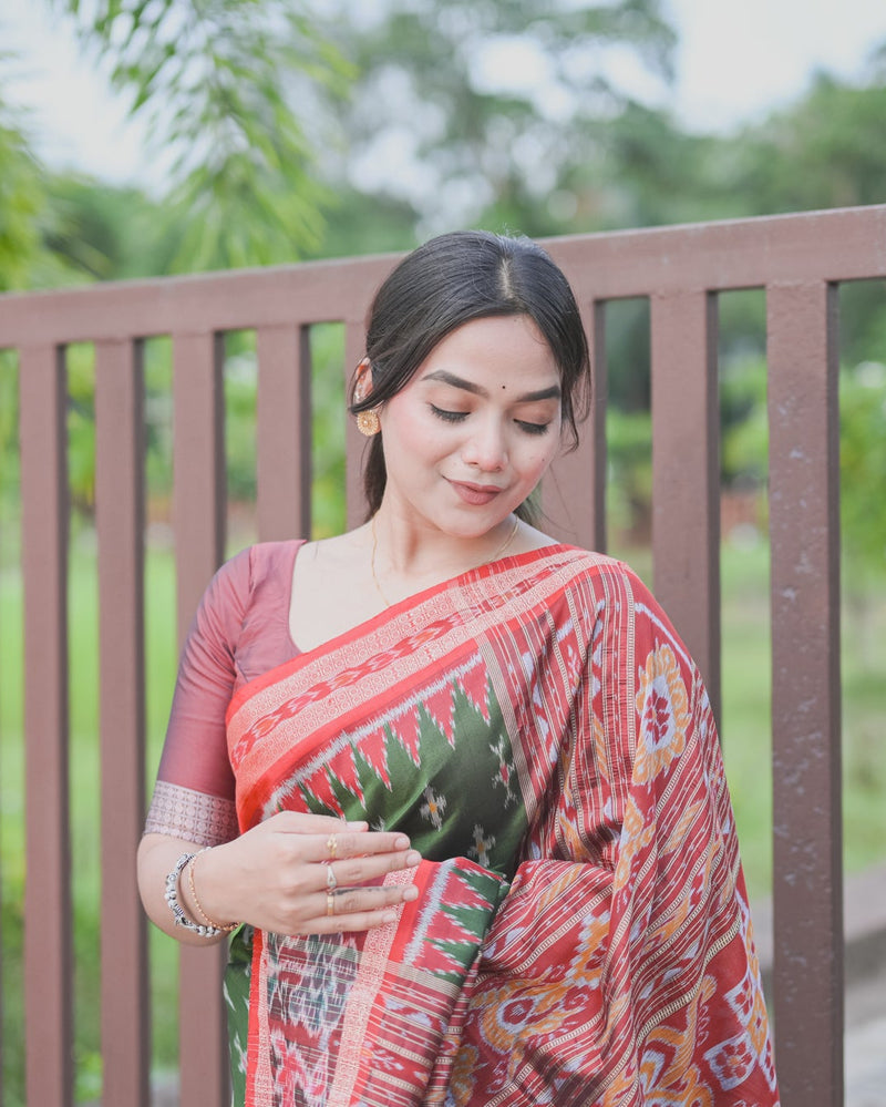 Olive Green Khandua Silk Saree with Ikat Buttis | Atulyakarigari
