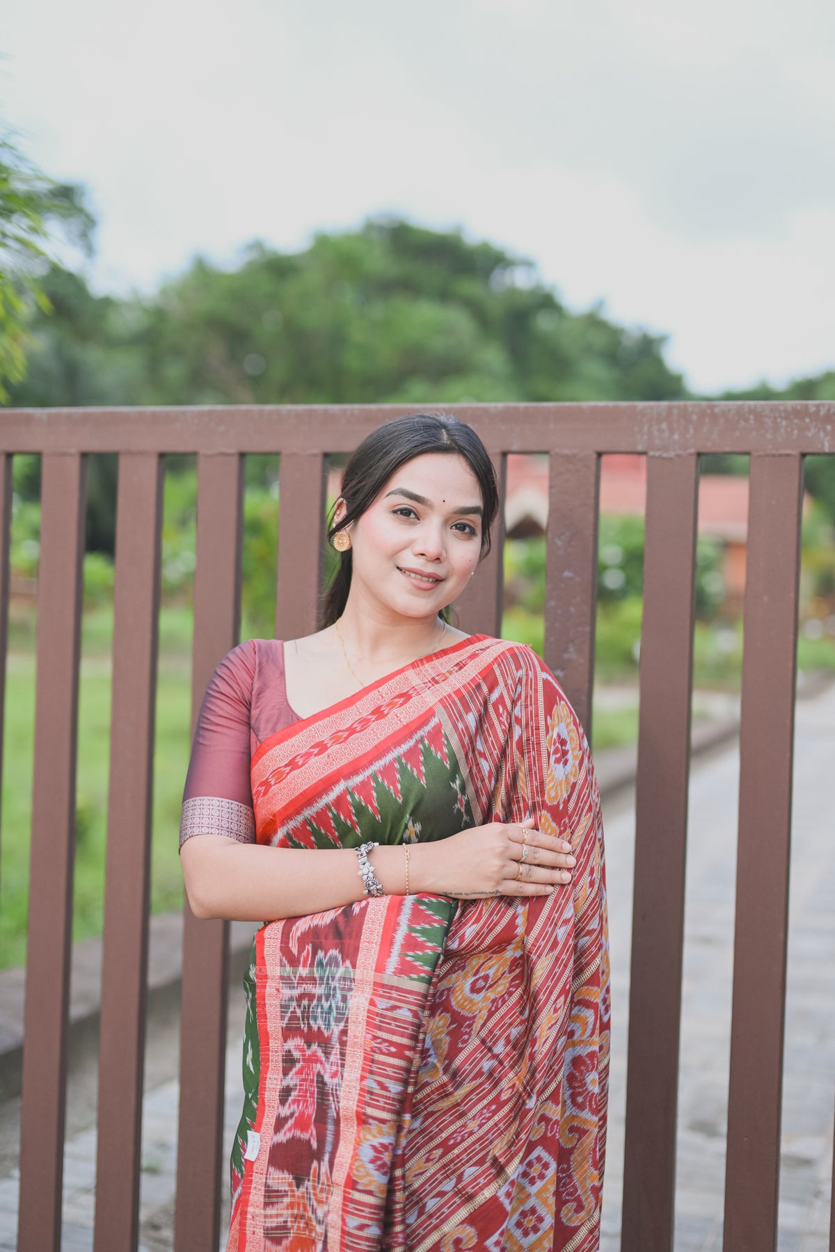 Olive Green Khandua Silk Saree with Ikat Buttis | Atulyakarigari