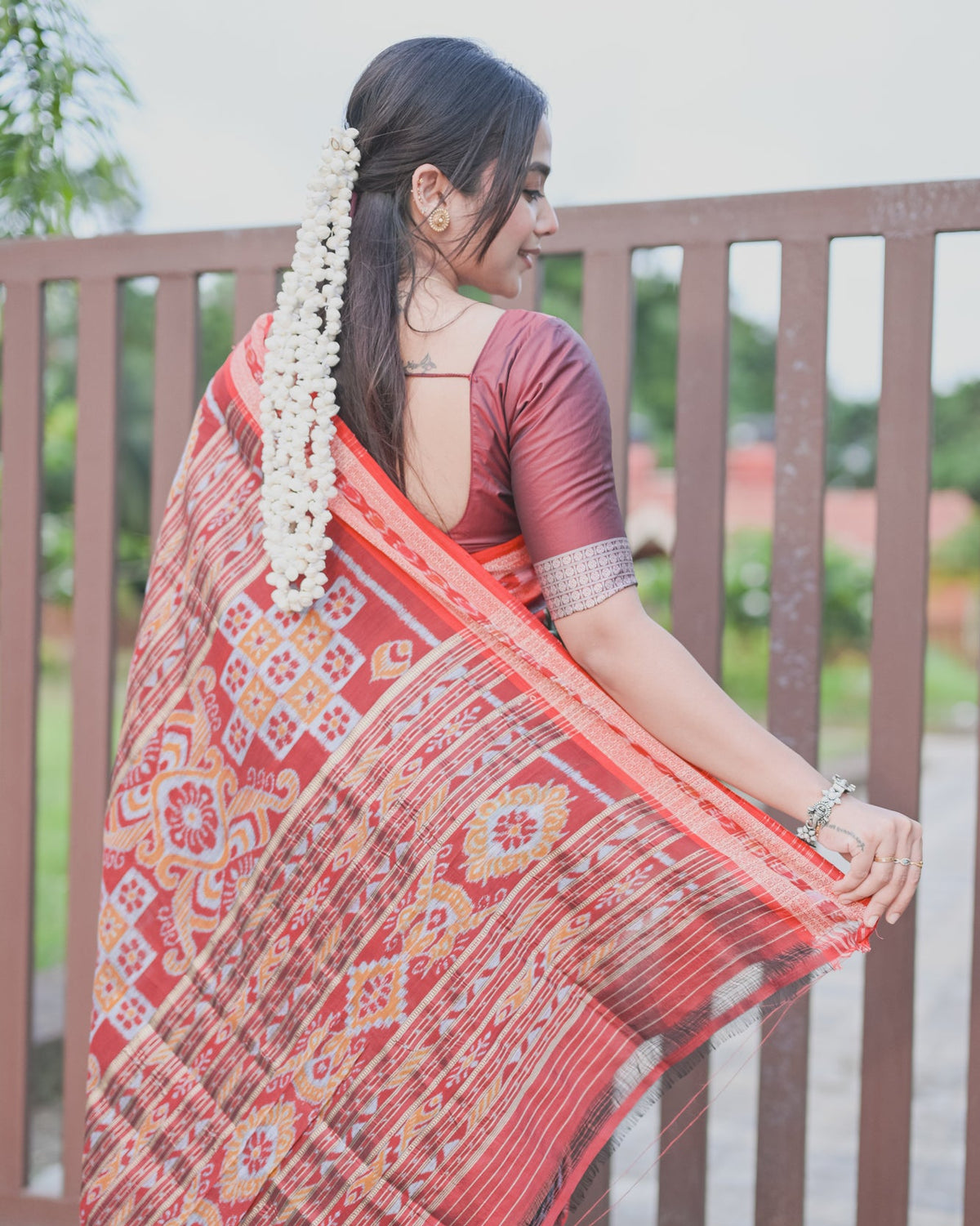 Olive Green Khandua Silk Saree with Ikat Buttis | Atulyakarigari