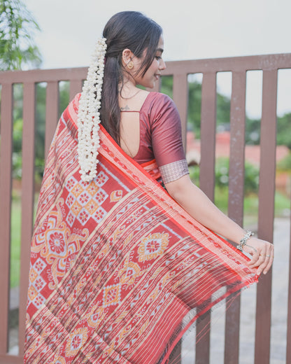 Olive Green Khandua Silk Saree with Ikat Buttis | Atulyakarigari