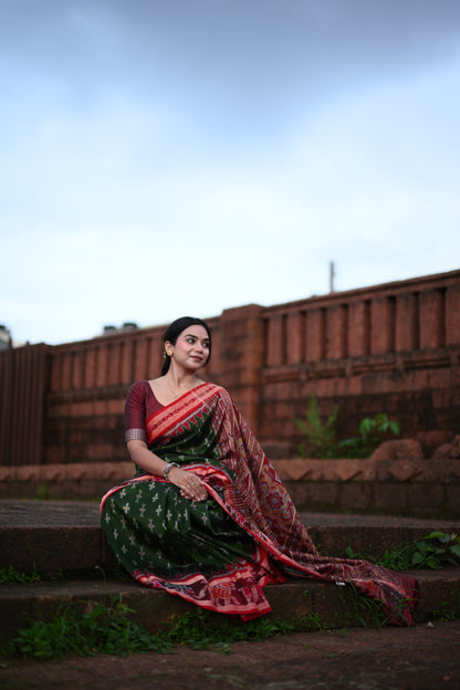 Olive Green Khandua Silk Saree with Ikat Buttis | Atulyakarigari