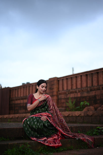 Olive Green Khandua Silk Saree with Ikat Buttis | Atulyakarigari