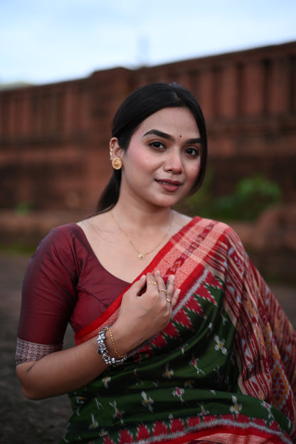 Olive Green Khandua Silk Saree with Ikat Buttis | Atulyakarigari
