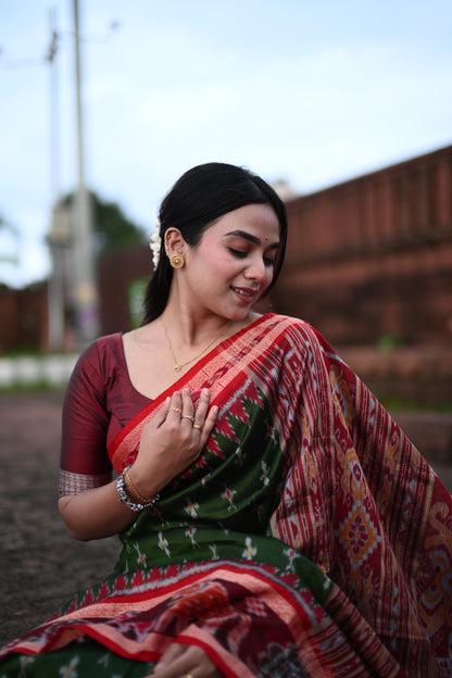 Olive Green Khandua Silk Saree with Ikat Buttis | Atulyakarigari