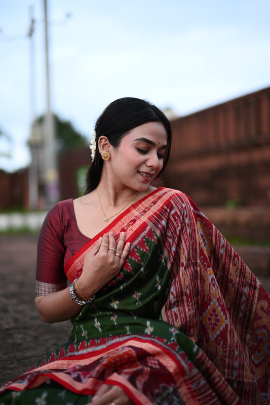 Olive Green Khandua Silk Saree with Ikat Buttis | Atulyakarigari