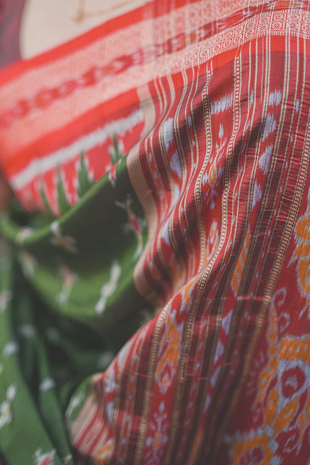 Olive Green Khandua Silk Saree with Ikat Buttis | Atulyakarigari