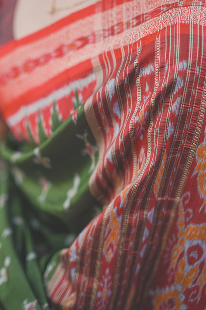 Olive Green Khandua Silk Saree with Ikat Buttis | Atulyakarigari