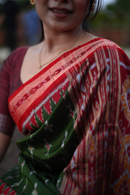 Olive Green Khandua Silk Saree with Ikat Buttis | Atulyakarigari