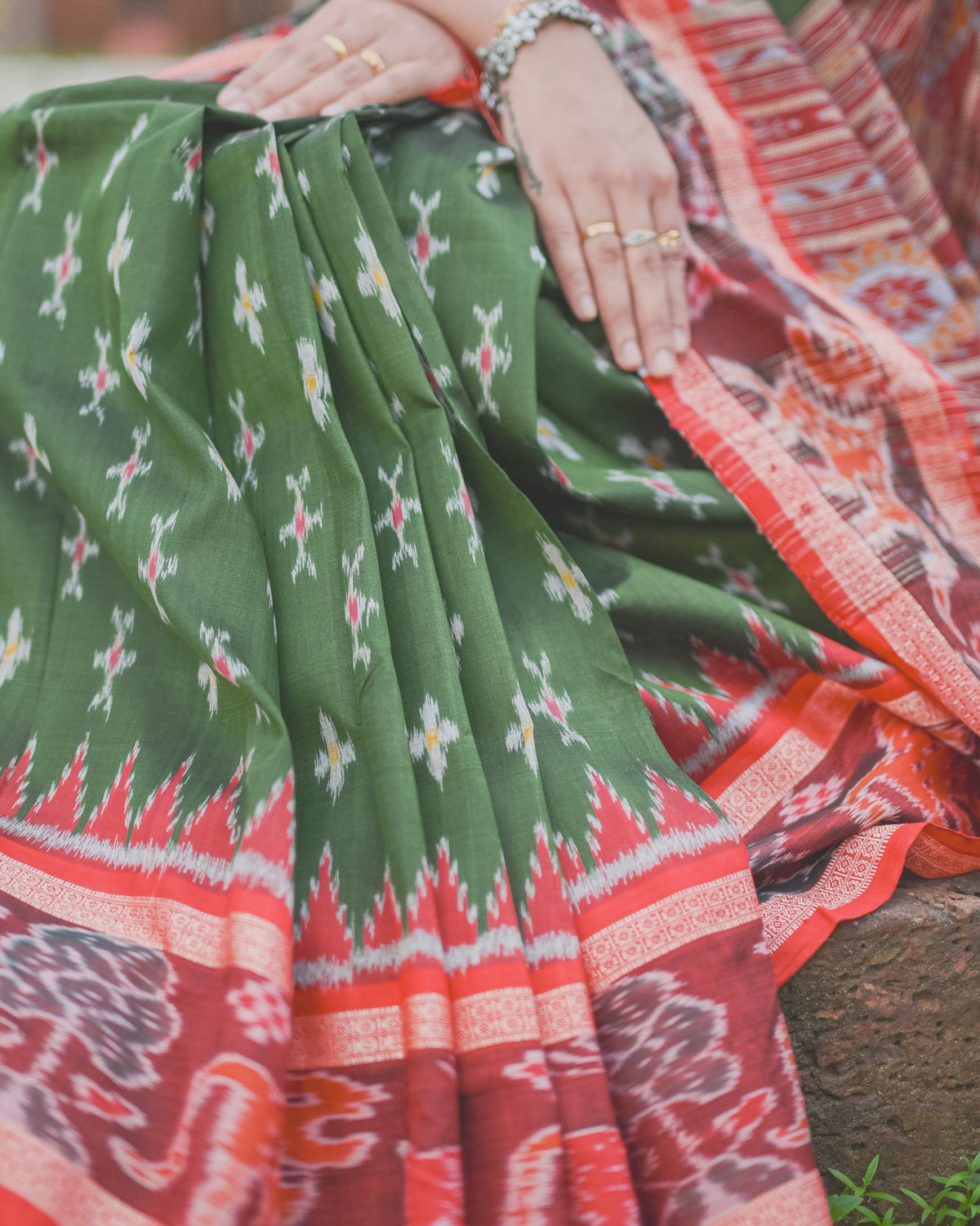 Olive Green Khandua Silk Saree with Ikat Buttis | Atulyakarigari