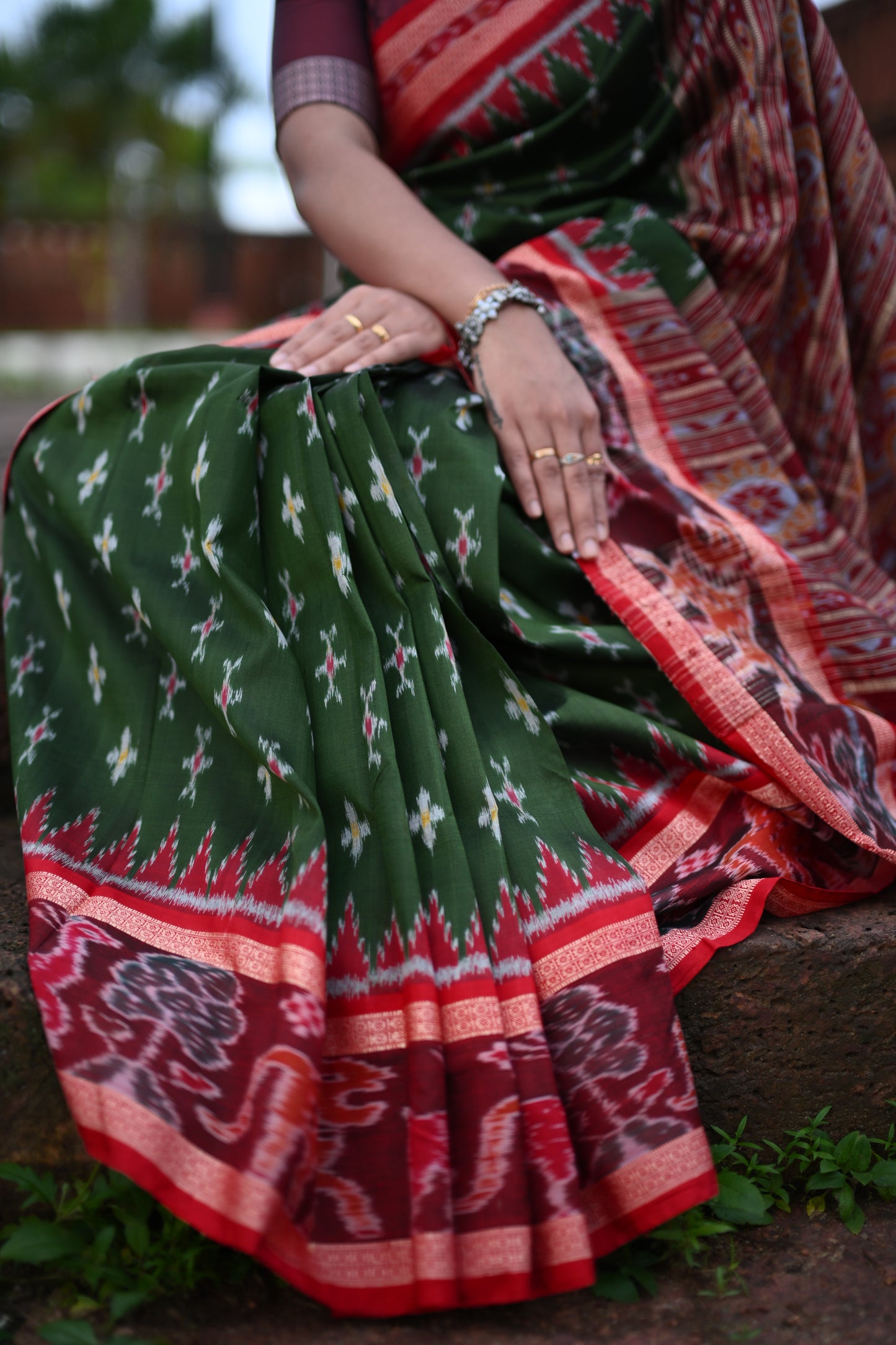 Olive Green Khandua Silk Saree with Ikat Buttis | Atulyakarigari