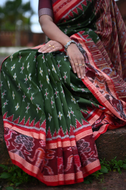 Olive Green Khandua Silk Saree with Ikat Buttis | Atulyakarigari