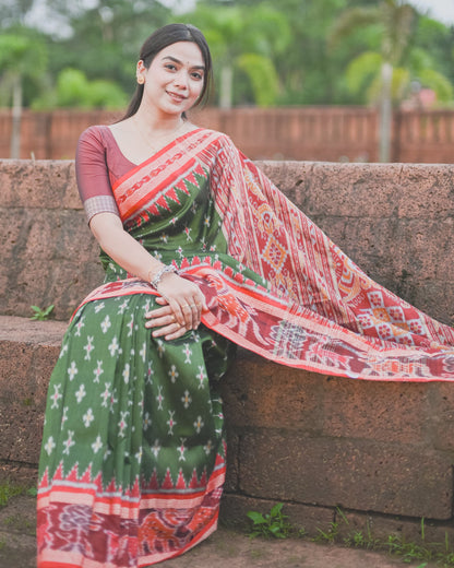Olive Green Khandua Silk Saree with Ikat Buttis | Atulyakarigari