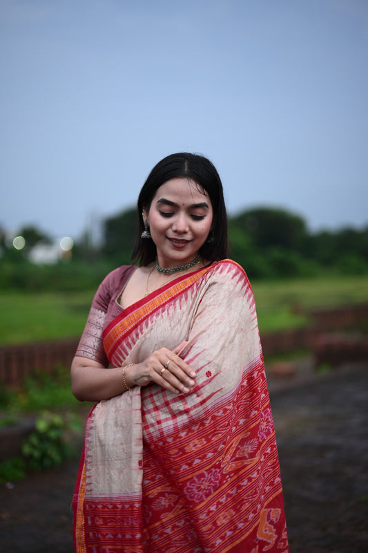 Crimson Red & Natural Tussar Silk Pasapalli Saree with Ikat Pallu & Temple Border