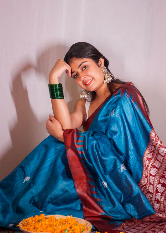 Peacock Blue Pure Tussar Silk With Chakra Pallu