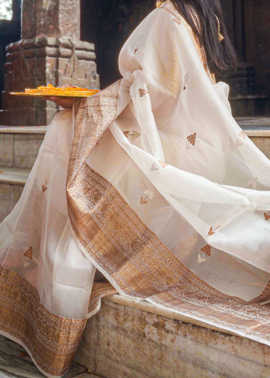 Off-white Banarasi Pure Kora Silk Saree With Small grapes motif with heavy border - Atulyakarigari