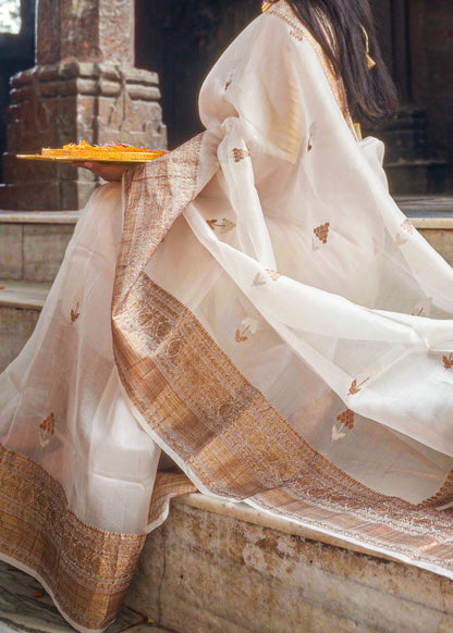 Off-white Banarsi Pure Kora Silk With Small grapes motif with heavy border
