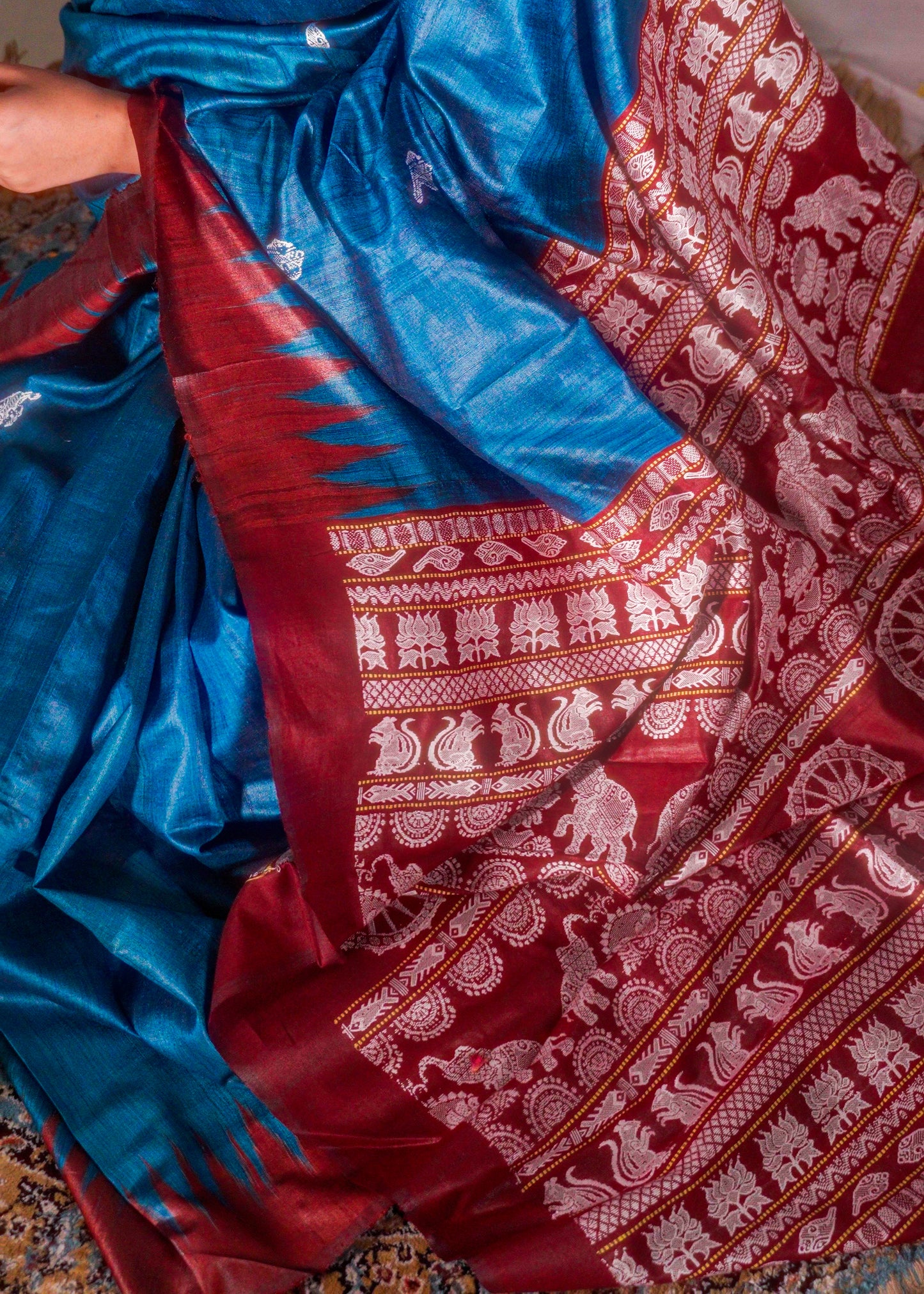 Peacock Blue Pure Tussar Silk With Chakra Pallu