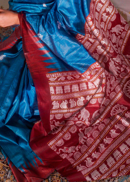 Peacock Blue Pure Tussar Silk With Chakra Pallu