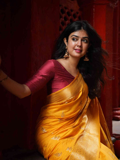 Mustard Yellow Banarsi Cotton Silk Saree –  Zari petal work with border