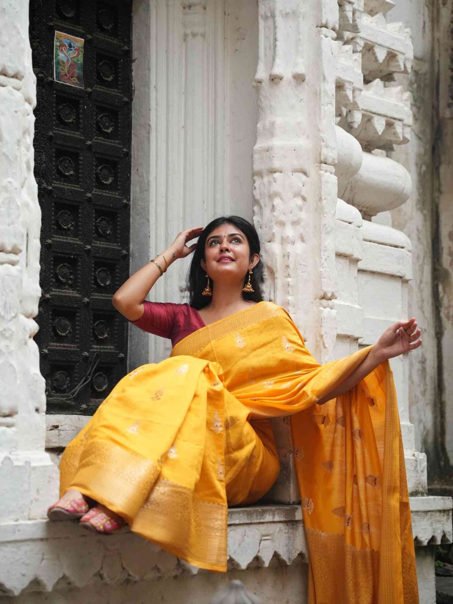 Mustard Yellow Banarsi Cotton Silk Saree –  Zari petal work with border