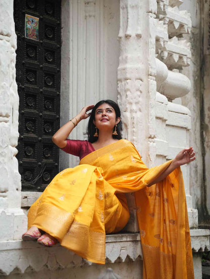 Mustard Yellow Banarsi Cotton Silk Saree –  Zari petal work with border