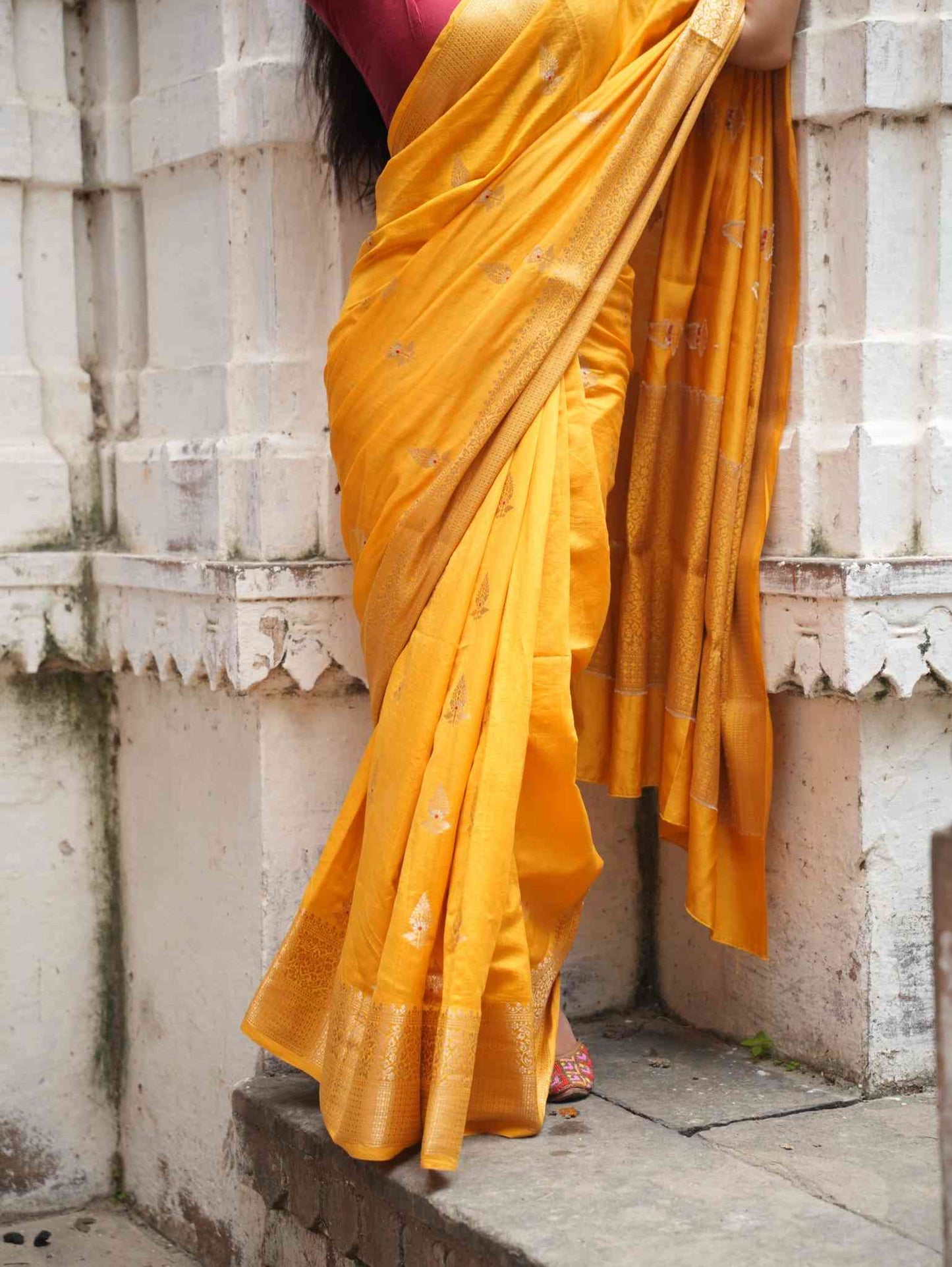 Mustard Yellow Banarsi Cotton Silk Saree –  Zari petal work with border