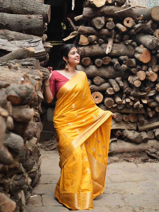 Mustard Yellow Banarsi Cotton Silk Saree –  Zari petal work with border