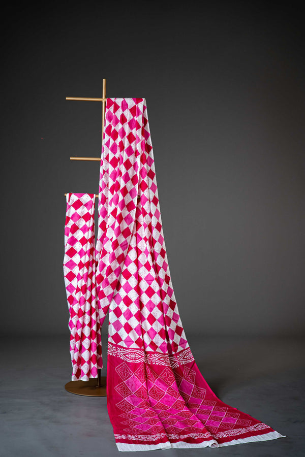 Bagru Handloom Mul Mul Cotton Saree – Pink & White Block Print with Blouse