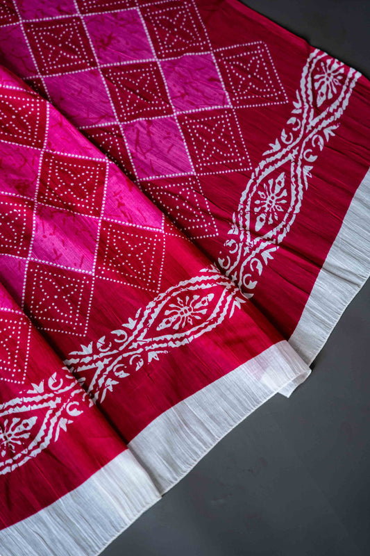 Bagru Handloom Mul Mul Cotton Saree – Pink & White Block Print with Blouse - Atulyakarigari