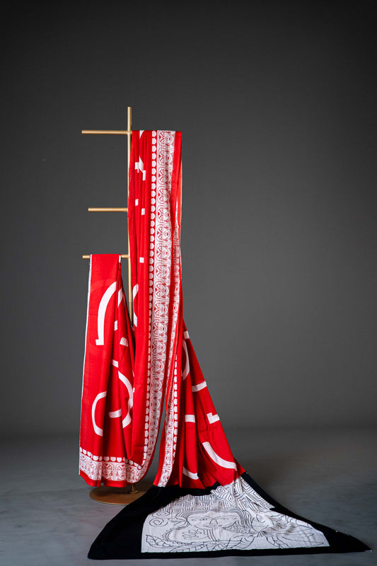 Bagru Handloom Mul Mul Cotton Saree – Red Block Print with Blouse