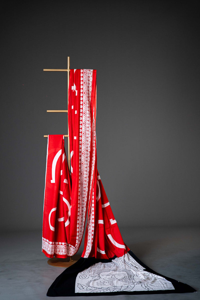 Red Bagru Mul Mul Cotton Saree, Block Print