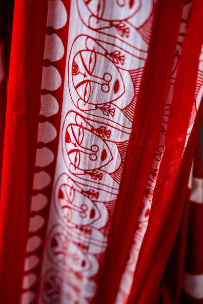 Bagru Handloom Mul Mul Cotton Saree – Red Block Print with Blouse