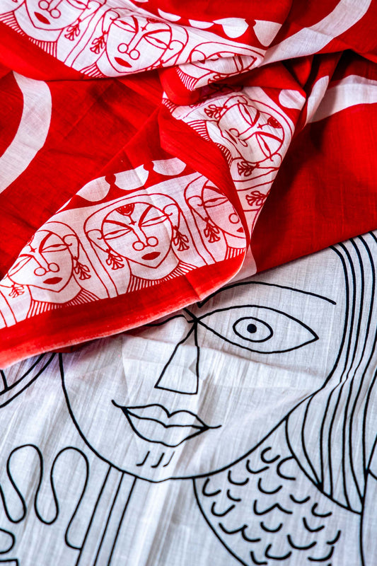 Bagru Handloom Mul Mul Cotton Saree – Red Block Print with Blouse - Atulyakarigari