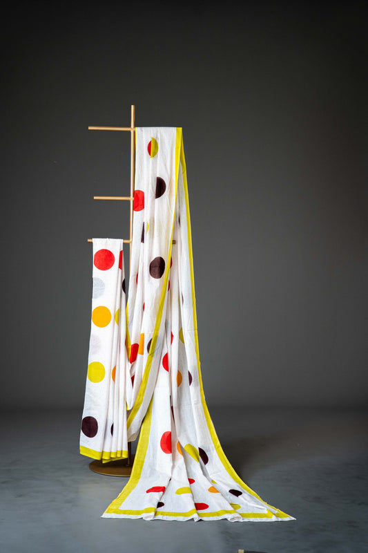 Bagru Handloom Mul Mul Cotton Saree – White with Multicolour Polka Dots