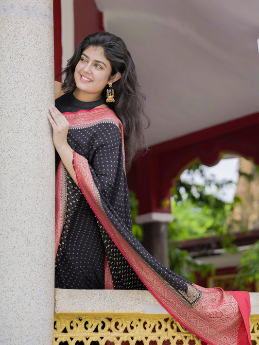 Pure Crape Silk Banarasi Saree (Butti with fine border) - Atulyakarigari