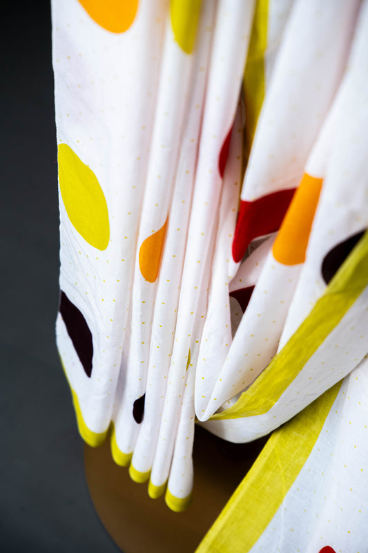 Bagru Handloom Mul Mul Cotton Saree – White with Multicolour Polka Dots - Atulyakarigari