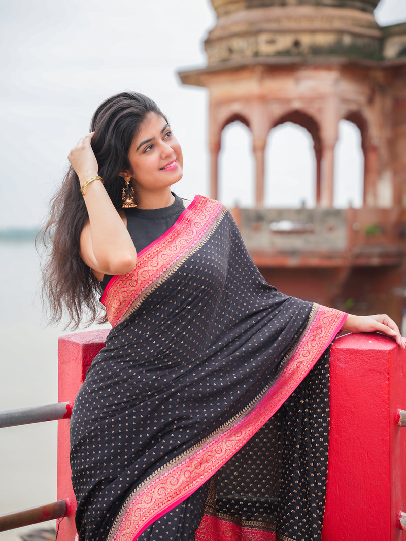 Crepe Silk Banarasi Saree, Butti, Fine Border