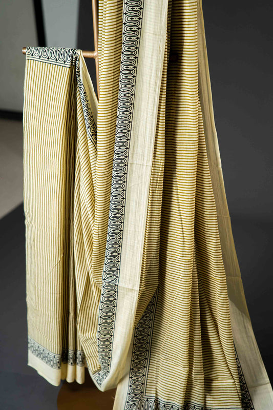 Bagru Handloom Mul Mul Cotton Saree – Beige Block Print with Blouse - Atulyakarigari