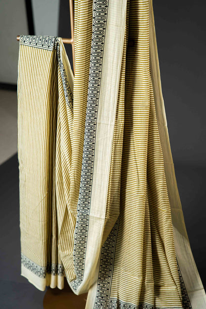 Bagru Handloom Mul Mul Cotton Saree – Beige Block Print with Blouse
