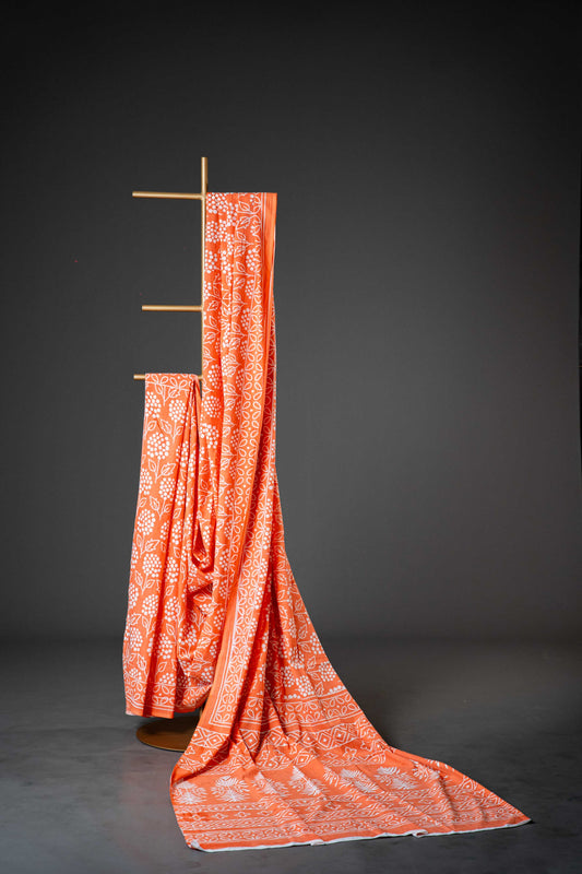 Bagru Handloom Mul Mul Cotton Saree – Orange Block Print