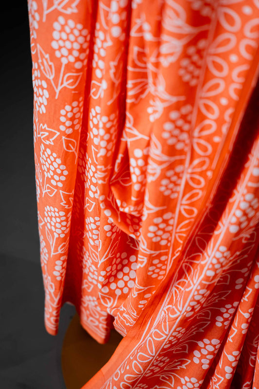 Bagru Handloom Mul Mul Cotton Saree – Orange Block Print - Atulyakarigari