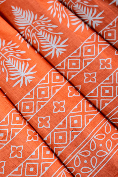 Bagru Handloom Mul Mul Cotton Saree – Orange Block Print