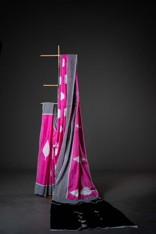 Bagru Handloom Mul Mul Cotton Saree – Pink Block Print