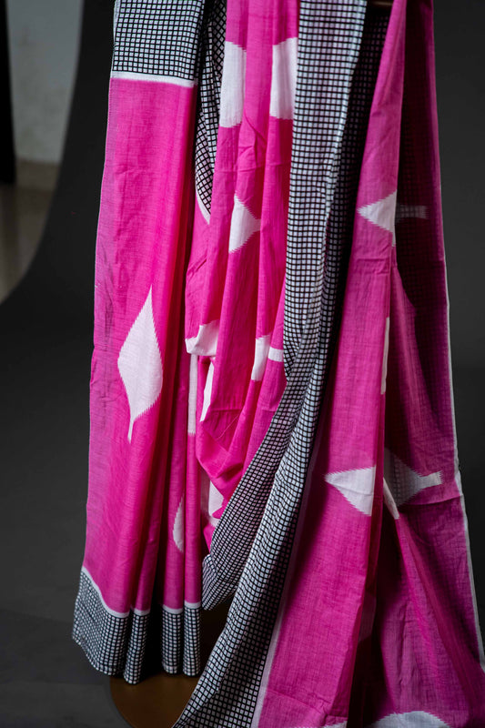 Bagru Handloom Mul Mul Cotton Saree – Pink Block Print - Atulyakarigari