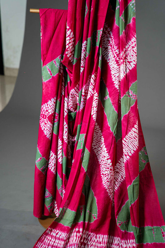 Bagru Handloom Mul Mul Cotton Saree – Pink & Grey Block Print - Atulyakarigari