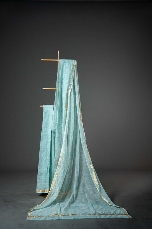 Bagru Kota Doria Saree – Pista Green Hand Block Print, Handloom Cotton