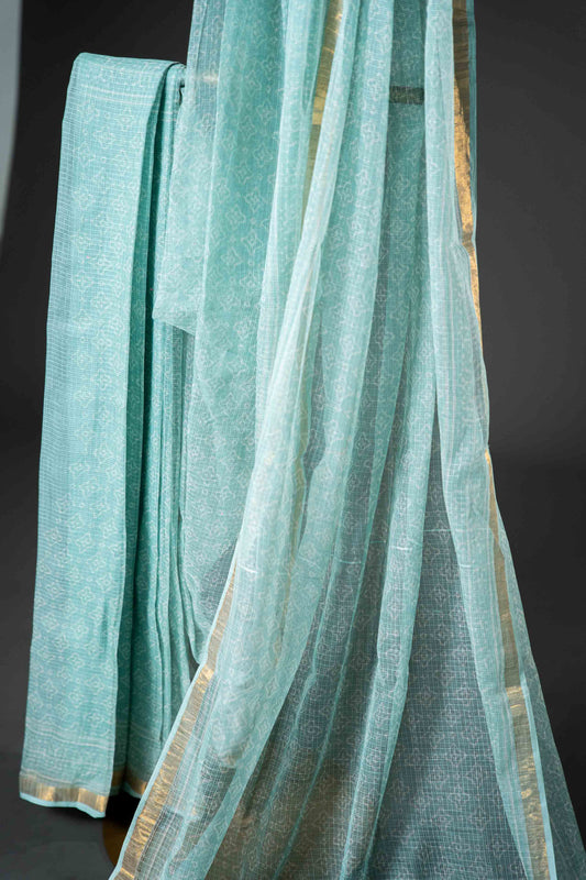 Bagru Kota Doria Saree – Pista Green Hand Block Print, Handloom Cotton - Atulyakarigari