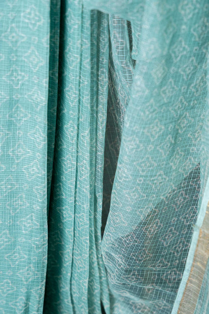 Bagru Kota Doria Saree – Pista Green Hand Block Print, Handloom Cotton