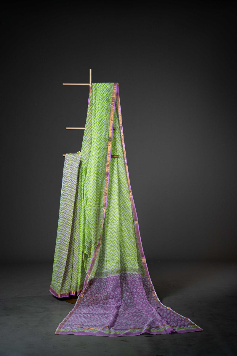 Green and White Kota Doria Cotton Saree, Block Print